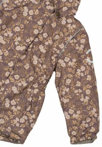 Bruine winterjas met bloemmotief en gewatteerde textuur, met witte accenten en elastische manchetten. Ontworpen met een capuchon en drukknopen als sluiting.