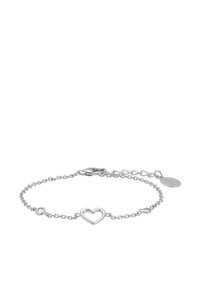 Bracciale in argento con ciondolo a forma di cuore, due piccoli accenti rotondi e chiusura a moschettone con una catena di estensione aggiuntiva.