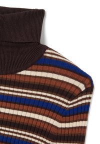 Braun und blau gestreifter Strickpullover mit hohem Rippenkragen und kurzen Ärmeln, mit auffälligen, mehrfarbigen vertikalen Streifen.