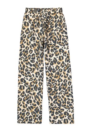 Pantalons en imprimé léopard avec une taille élastique, présentant une base beige et des motifs noirs, bruns et châtaigne. Design à jambe droite.