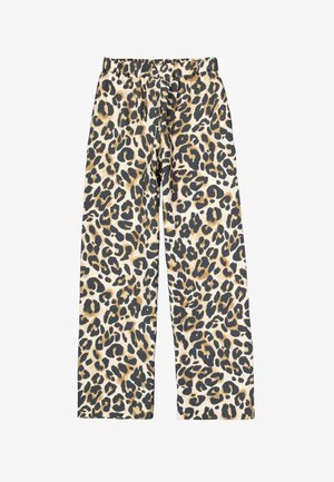 Leopard print trousers with an elastic waistband, featuring a beige base and black, brown, and tan patterns. Straight leg design.