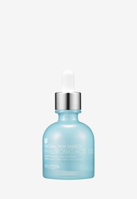 Turquoise glass dropper bottle with a silver cap. Text on the label states "Original Skin Energy Hyaluronic Acid 100." Clear liquid inside.