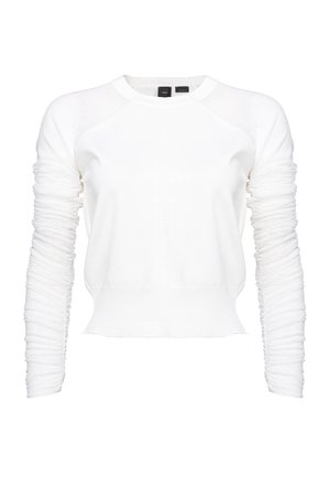 Maglione bianco con colletto a costine, maniche texturizzate e arricciate, e un orlo leggermente cropped. Tessuto morbido, design minimalista, senza loghi visibili.