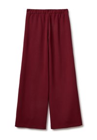 Burgundské kalhoty se širokými nohavicemi a elastickým pasem, vyrobené z měkké, hladké tkaniny. Disponují jednoduchým designem bez vzorů nebo ozdob.