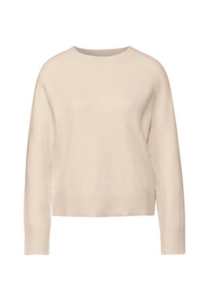 Pull crème à col rond, manches longues et bords côtelés. Fabriqué en tissu doux avec une coupe décontractée et un design minimaliste.