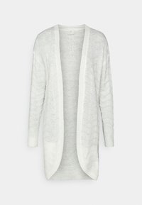 Witte gebreide cardigan met een gestructureerd patroon, open voorkant, lange mouwen en geribbelde manchetten, met een lichtgewicht, ademend ontwerp.