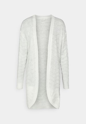 Cardigan bianco lavorato a maglia con un motivo testurizzato, apertura frontale, maniche lunghe e polsini a costine, dal design leggero e traspirante.