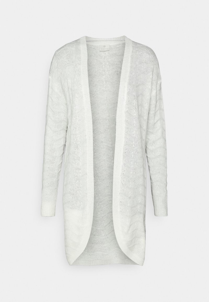 Witte gebreide cardigan met een gestructureerd patroon, open voorkant, lange mouwen en geribbelde manchetten, met een lichtgewicht, ademend ontwerp.
