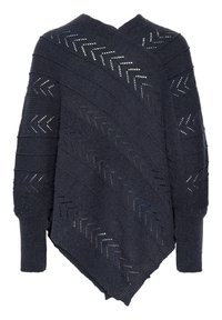 Mörkgrå stickad poncho med V-ringning, prydd med diagonala texturerade ränder och ett zickzackmönster. Knäppningen är asymmetrisk med ribbade ärmslut.