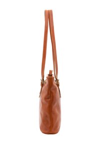 Borsa a tracolla in pelle marrone con una texture liscia, dotata di due lunghe cinghie e dettagli di cucitura discreti lungo le cuciture.
