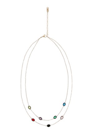Colier delicat din lanț de aur cu două șiruri, fiecare având pietre prețioase ovale multicolore, dispuse uniform de-a lungul lanțurilor.