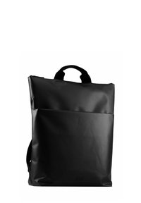 Sac à dos noir en matériau synthétique durable et lisse. Comprend une poche avant et des bretelles doubles réglables pour un transport facile.