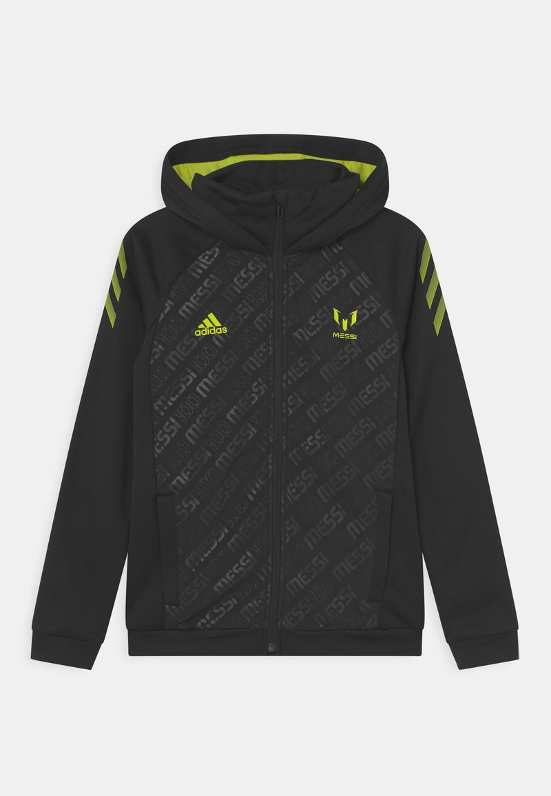 Felpa nera con zip caratterizzata da un design testurizzato con branding "Messi", dettagli verde lime e tre strisce sulle maniche.
