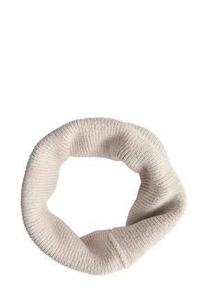 Knitted light beige neck warmer with a circular design, featuring a ribbed texture and smooth finish. No hardware or accents present.
