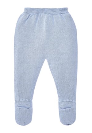 Pantalon bébé en tricot bleu clair doux avec pieds fermés et taille élastique, adapté aux nourrissons.