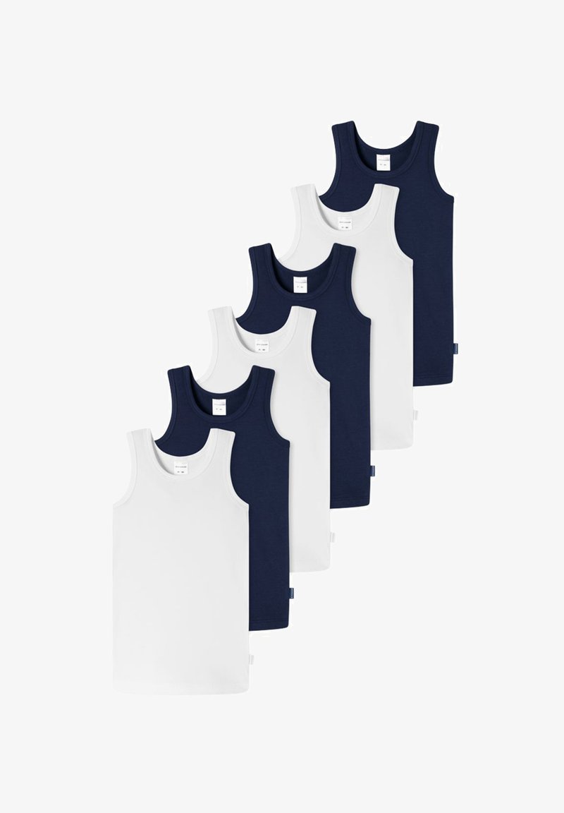 Ensemble de six débardeurs en coton : trois bleus marins et trois blancs. Dotés de cols ronds et d'une texture douce et lisse.