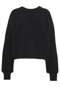 Svart kortad tröja med ribbat mönster, rund halsringning och vida ärmar. Tillverkad av stickad tyg i en enhetlig färg utan mönster.