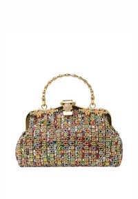 Borsa decorata con gemme colorate di un'arcobaleno, una cornice dorata e un manico a catena decorativo. Forma compatta e arrotondata con dettagli ornamentali.