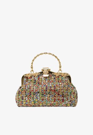 Błyszcząca torebka z biżuterią, zdobiona tęczą kolorowych klejnotów, z złotą ramą i dekoracyjnym łańcuszkiem jako uchwytem. Kompaktowy, zaokrąglony kształt z ozdobnymi akcentami.