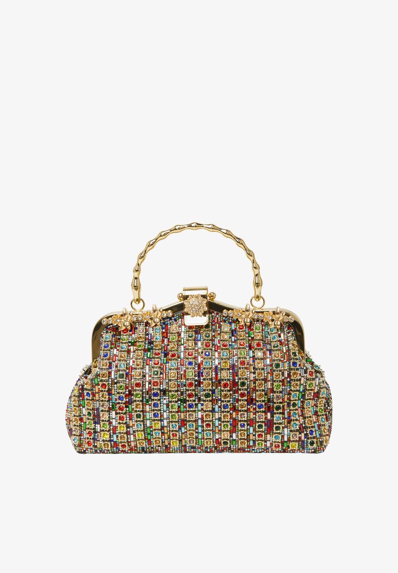 Borsa decorata con gemme colorate di un'arcobaleno, una cornice dorata e un manico a catena decorativo. Forma compatta e arrotondata con dettagli ornamentali.