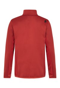 Rode lichtgewicht jas met een hoge kraag, gladde voorkant en gestructureerde zijkanten. Voorzien van een logo op de linker schouder. Lange mouwen.