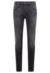 Jeans de mezclilla de color gris oscuro, con un ajuste entallado, bolsillos delanteros y un pequeño bolsillo con cremallera en el muslo derecho. Textura suave, diseño limpio.