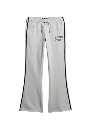 Gray sweatpants with a flared leg design, contrasting navy side stripes, and "SUPERDRY ATH.JPN." printed on the front left thigh.