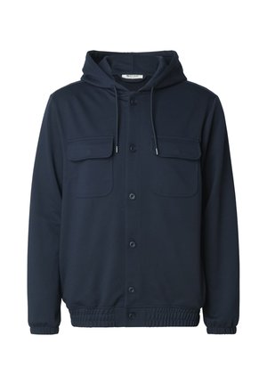 Marineblauwe jas met kap, gemaakt van zachte stof, met twee borstzakken, knoopsluiting en elastische manchetten en zoom.