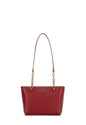 Red leather tote bag with a pebbled texture, featuring a gold chain accent and a logo. It has a structured shape and a single shoulder strap.
