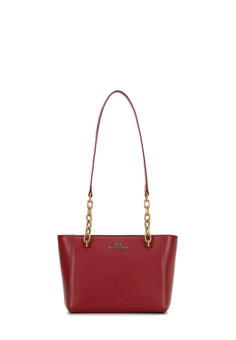 Red leather tote bag with a pebbled texture, featuring a gold chain accent and a logo. It has a structured shape and a single shoulder strap.