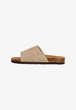 Beige ruskinds slidesandal med en bred krydsdesign, kork mellemsål og en tekstureret brun gummisål. Flad og åben tå stil.