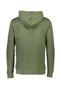 Sudadera color verde oliva con una textura suave, mangas largas y una capucha central. Puños y dobladillo acanalados, sin gráficos ni acentos visibles.