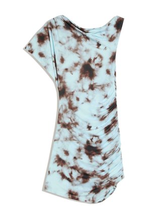 Lyseblå og brun tie-dye kjole med asymmetrisk ærme og rynket detalje på den ene side.