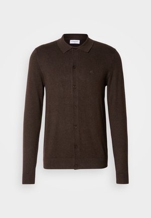 Brown long-sleeve cardigan with a collared neck, front button closure, and ribbed cuffs. Features a small logo on the left chest area.