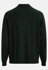 Pull en tricot vert foncé à manches longues avec des motifs côtelés verticaux et un col simple, vu de dos.
