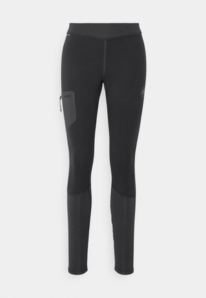 Zwarte sportlegging met een hoge tailleband, een gladde textuur, een zijvak en contrasterende paneelaccenten op de onderbenen.