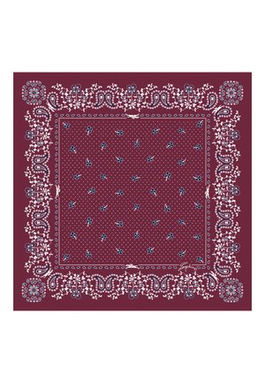 Burgundy bandana with white floral patterns, paisley borders, and blue accents. Center features small polka dots and scattered flower motifs.