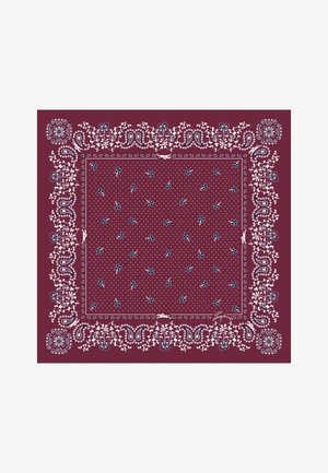 Burgundy bandana with white floral patterns, paisley borders, and blue accents. Center features small polka dots and scattered flower motifs.