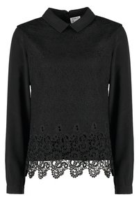 Blouse noire à manches longues avec col pointu, panneau avant en dentelle et détail d'ourlet en dentelle festonnée.