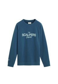 Sudadera de algodón azul con mangas raglán y texto impreso en blanco "THE SCALPERS Company" en la parte delantera. Puños y cuello de canalé.