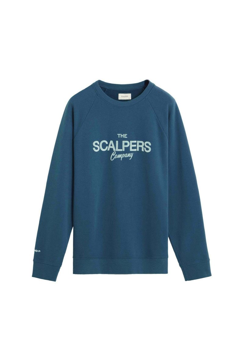 Sudadera de algodón azul con mangas raglán y texto impreso en blanco "THE SCALPERS Company" en la parte delantera. Puños y cuello de canalé.