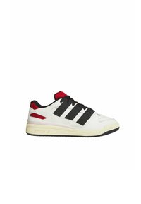White athletic shoe with black stripes and red accents, featuring a textured upper, padded collar, and durable rubber outsole for traction.