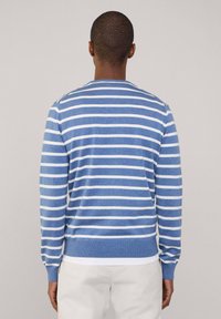 Modrobílý proužkovaný svetr s dlouhými rukávy, žebrovanými manžetami a lemem, kulatým výstřihem, měkkou texturou a lehkým materiálem.