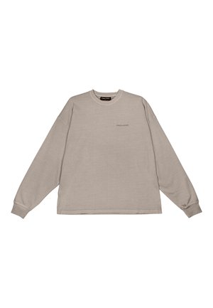 Sweat-shirt léger gris clair à manches longues, avec un col rond et une coupe ample. Présente une discrète marque à l'avant et des poignets côtelés. Texture de tissu douce.