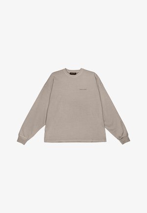 Sweatshirt cinza claro de manga longa com decote redondo e ajuste solto. Apresenta uma marcação discreta na frente e punhos canelados. Textura de tecido macia.