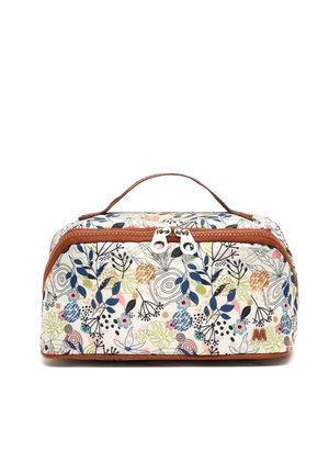 Prostokątna kosmetyczka z brązowym suwakiem i uchwytem, pokryta wielobarwnymi wzorami kwiatów i liści na jasnym tle.
