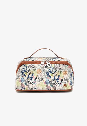 Ristkülikukujuline kosmeetikakott, millel on pruun tõmblukk ja käepide, kaetud mitmevärviliste lille- ja lehemustritega heledal taustal.
