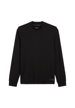 Black long-sleeve T-shirt made of smooth fabric, featuring a round neckline and a small side label. Simple design with no patterns.