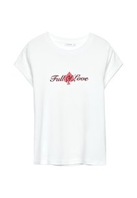 T-shirt en coton blanc avec des manches courtes retournées, arborant le texte "Plein d'Amour" en police rouge foncé au-dessus d'un symbole de pique rouge.