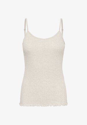 Beige värillinen ribbineulottu toppi, jossa säädettävät spaghetti-hihnat ja hillitty röyhelöreuna.